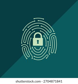Ilustración de un patrón de huellas dactilares con un símbolo de bloqueo que representa la privacidad de datos, la seguridad y la protección de la identidad.