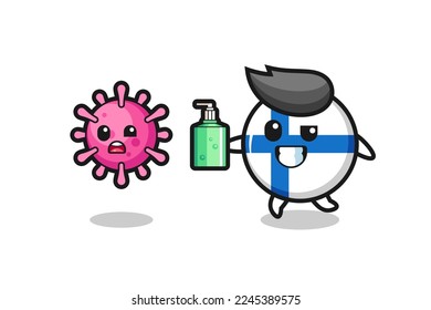 illustration of finland flag badge character chasing evil virus with hand sanitizer , cute style design for t shirt, sticker, logo element