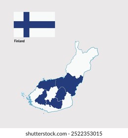 Una ilustración de la bandera de Finlandia, con su cruz azul en un campo blanco, está superpuesta con el mapa del país, destacando sutilmente ciudades clave y Lugares famosos naturales.