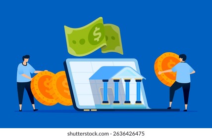 Illustration of fintech and digital banking with laptops emerging from a central bank building, representing modern finance. Can be used for fintech platforms, banking websites, and tech blogs.