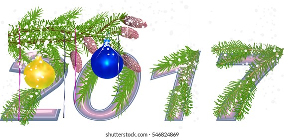 illustration with fir branches and number 2017 isolated on white background