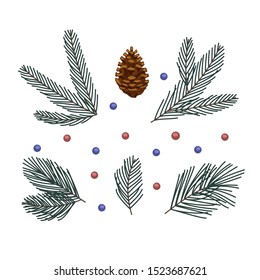 Illustration with fir branches, pine cone and beads. Use for decorating covers, canvas, greeting card, packaging.