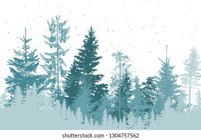 illustration with fir forest silhouettes in snow