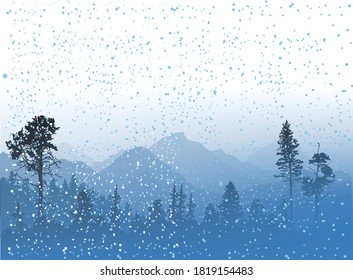 illustration with fir forest silhouettes in snow