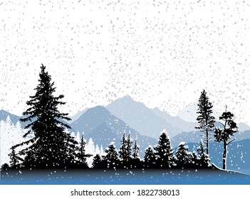 illustration with fir forest silhouettes in snow