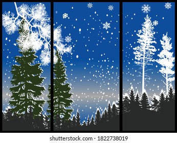 illustration with fir forest silhouettes in snow