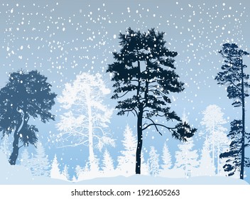Illustratie met dennenbos silhouetten in sneeuw
