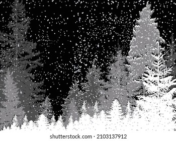 illustration with fir forest silhouettes in snow