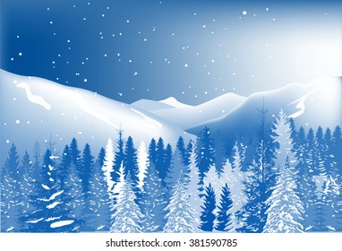 illustration with fir forest under snow in mountains