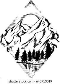 Illustration of fir, moon, clouds and river.