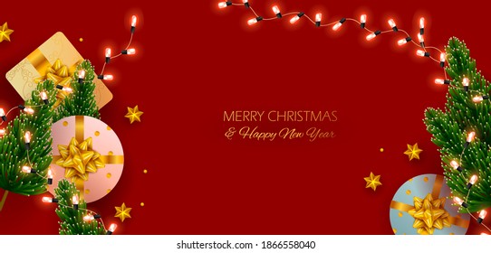 illustration of fir and pine tree on Merry Christmas and Happy New Year seasonal holiday background