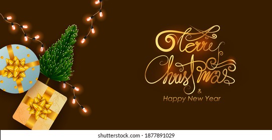 illustration of fir and pine tree on Merry Christmas and Happy New Year seasonal holiday background