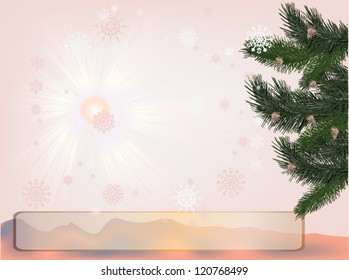illustration with fir tree branches on light snowflake background