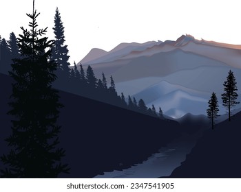 illustration with fir trees forest isolated on white background