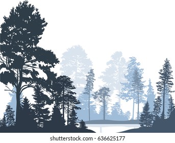 illustration with fir trees forest isolated on white background