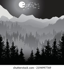 illustration with fir trees forest on dark background