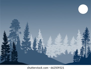 illustration with fir trees forest on dark background