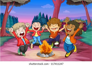 illustration of fire camp of kids in jungle