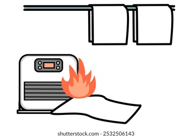 Ilustración de un incendio causado por una caída de ropa en un calentador de ventilador de queroseno.