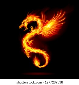 Illustration of Fire Dragon with Wings Symbol of Wisdom and Power on Black Background