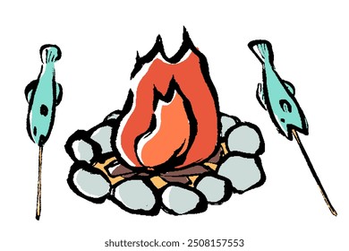 Illustration of fire and fish of brush touch
