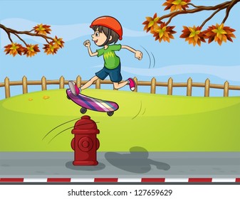 Illustration of a fire hydrant and a boy playing skate board