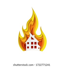 Illustration of fire in paper cut style. The house is on fire. Design for property insurance. Vector illustration
