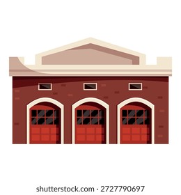 Illustration eines Feuerwehrgebäudes mit drei großen roten Garagentoren, Ziegelwänden und einem Schrägdach