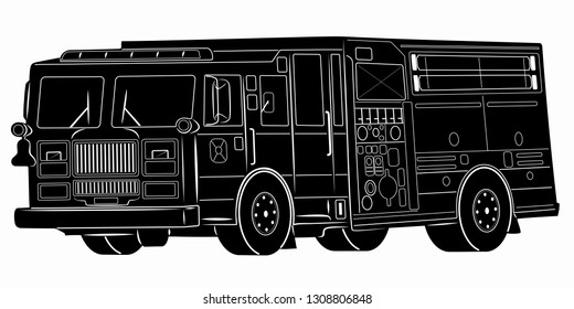 illustration of a fire truck, black and white drawing, white background