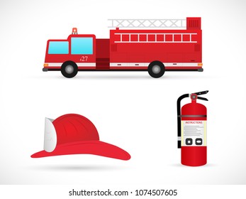 Illustration of a fire truck, hat and extinguisher isolated on a white background.