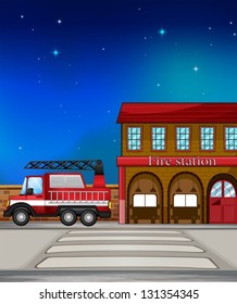 Illustration of a fire truck near the fire station