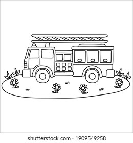 illustration of fire trucks on the road,   doodle concept, good for coloring book.