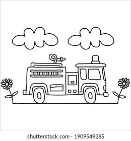 illustration of fire trucks on the road,   doodle concept, good for coloring book.