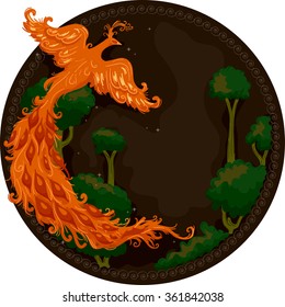 Illustration of a Firebird Hovering Over the Trees in a Forest