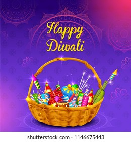 illustration of Firecracker in basket for gift on Happy Diwali Holiday background for light festival of India