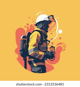 Illustration of a firefighter in action with their gear, such as the helmet, uniform, and firefighting tools