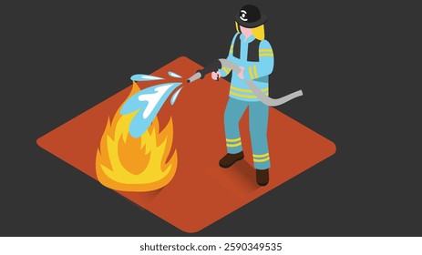 illustration of a firefighter actively extinguishing a blazing fire using a high-pressure hose, symbolizing bravery, emergency response