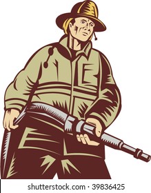 illustration of a Firefighter carrying a hose viewed from a low angle done in woodcut style