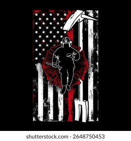 Ilustração Firefighter Flag Shield, com uma silhueta de bombeiro homem, bombeiro, bandeira dos EUA