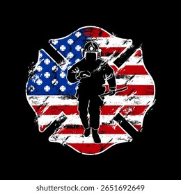 Ilustração The Firefighter Flag Shield, com uma silhueta de bombeiro homem, bombeiro, bandeira dos EUA, bombeiro americano