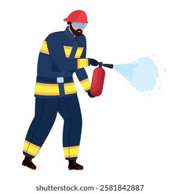 Illustration of a firefighter in full gear actively using a fire extinguisher to put out a blaze. The man stands confidently, equipped with protective clothing and helmet, ready to respond immediately