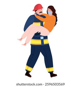 Illustration of a firefighter rescuing a woman in distress during a rescue operation