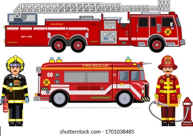 illustration of a firefighter truck and firefighter