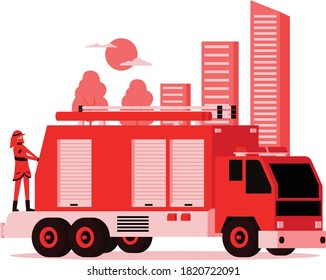 Illustration of firefighter truck and the firefighter on it