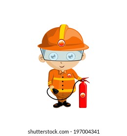 Illustration of a Firefighter in uniform holding a fire extinguisher.