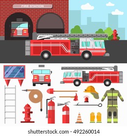 Illustration with firefighting department and equipment set for rescue.  firefighting department Vector with hydrant and station, extinguisher and helmet, fireman uniform and mask.  Flat style. 