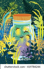Illustration of fireflies in a glass jar