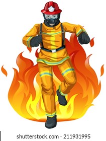 Illustration of a fireman and the big fire on a white background