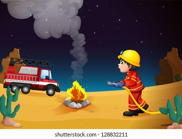 Illustration of a fireman in the desert