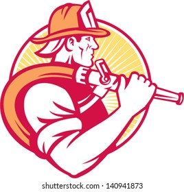 Illustration of a fireman fire fighter emergency worker with fire hose done in retro style.